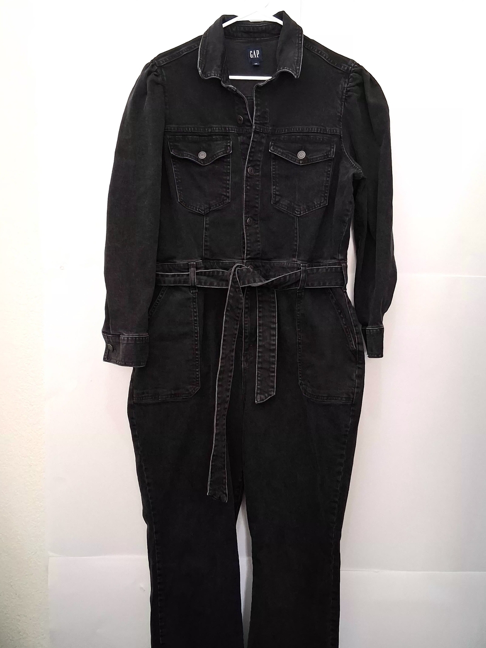 GAP Women Washed Black Denim Long Sleeve With Belt Jumpsuit Plus Size 20